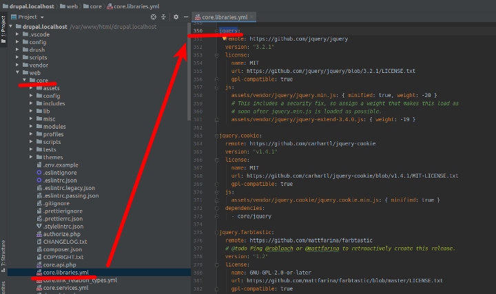 The jQuery dependencies marked in core